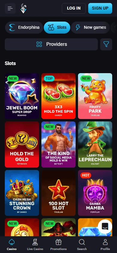 Playmojo Casino mobile games area with pokies and casino titles
