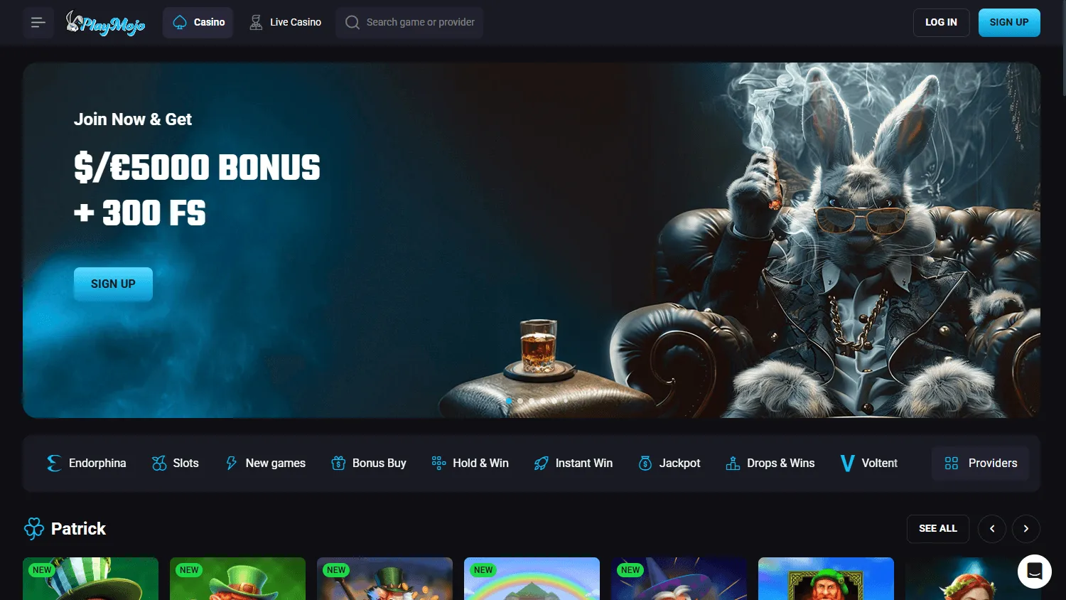Playmojo Casino desktop home screen with casino promotions and account access