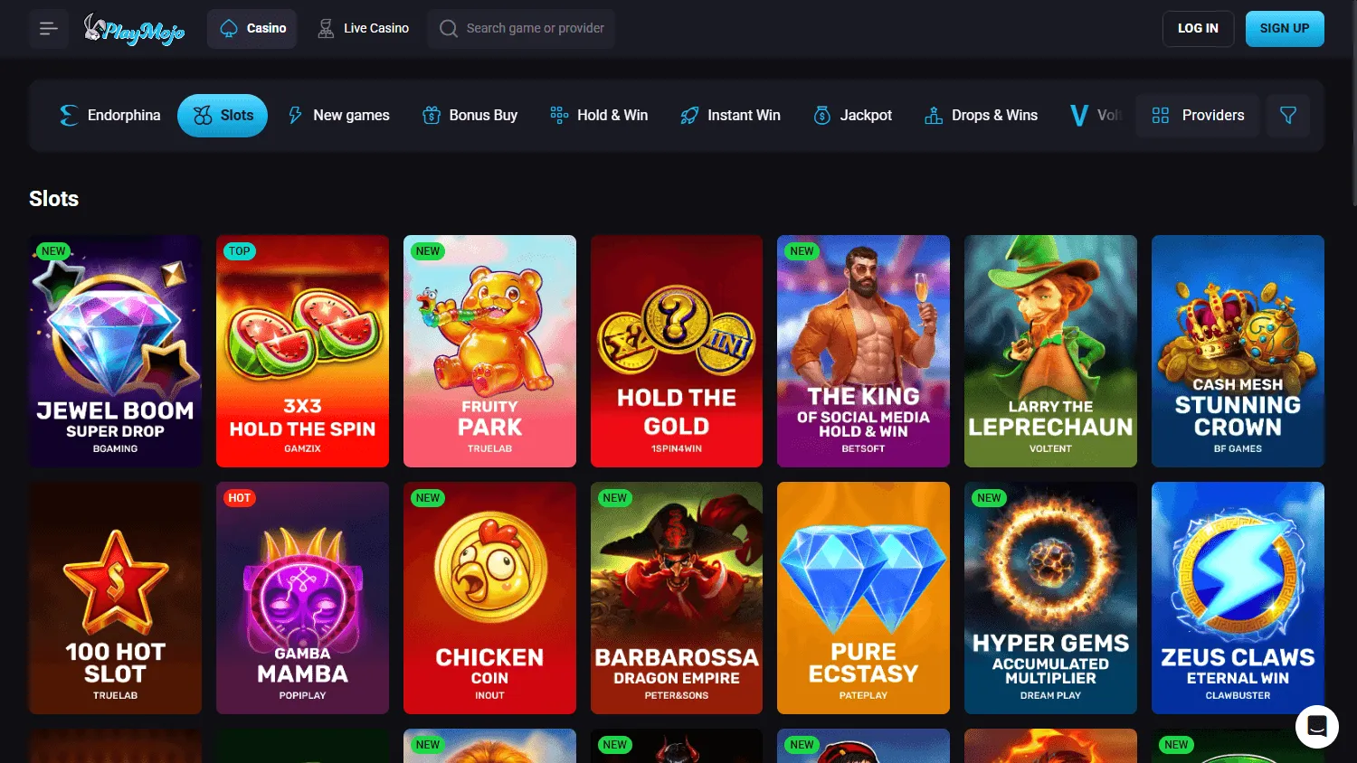 Playmojo Casino desktop games area with pokies and casino game categories