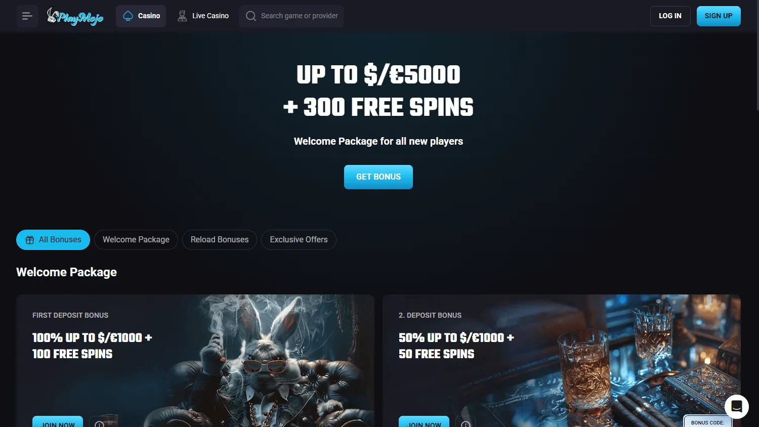 Playmojo Casino desktop promotions area with deposit bonuses and promotional offers